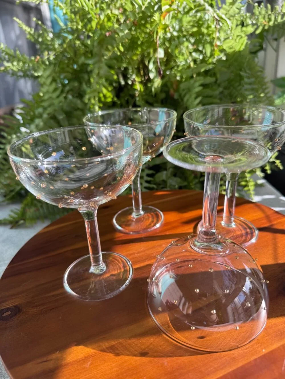 Set of 4 Pottery Barn Champagne Coupe Glasses with Gold Polka Dot